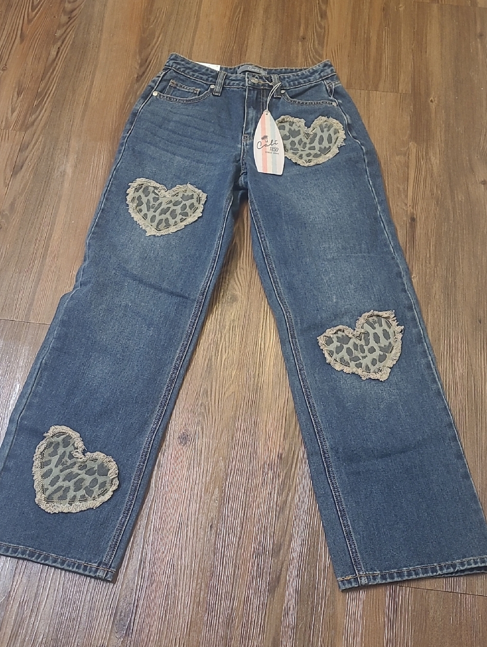 Blue Straight-Leg Jeans with Leopard Heart Appliqués